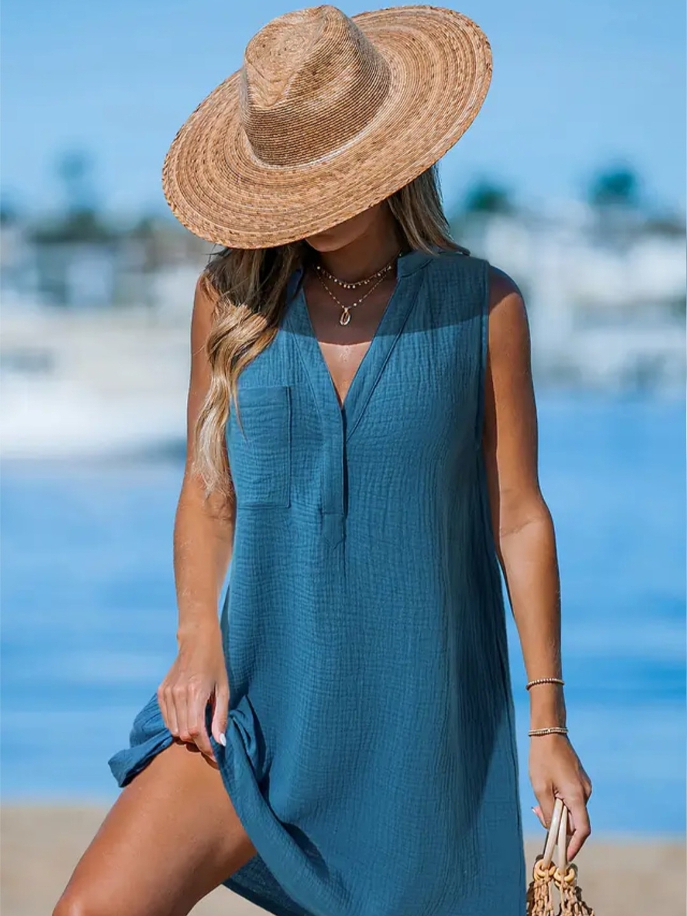 Cupshe Sleeveless V-Neck Beach Coverup in Teal Blue